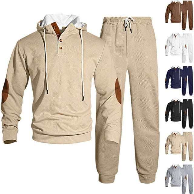 Men's Casual Solid Color Tracksuit Long Sleeve Hooded Button Front Top Drawstring Elastic Waist Pants Outwear Jackets Sets