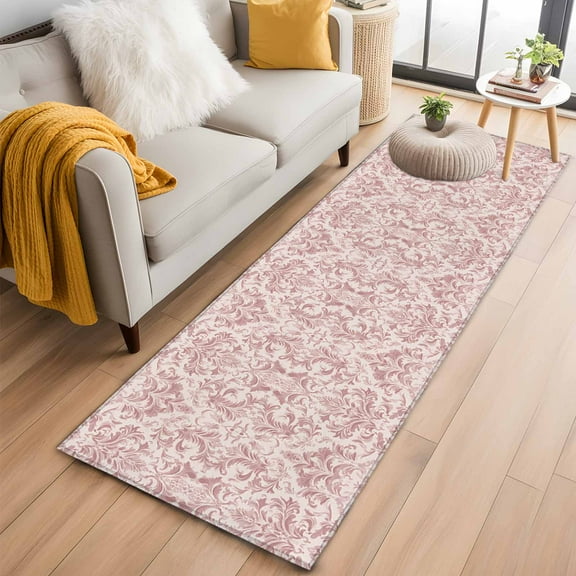 Pink Baroque Kitchen Runner Rug 2x6 Washable Runners for Hallway Non Slip Farmhouse Scroll Floral Damask Patterned Large Area Rug Indoor Floor Carpet for Bathroom Laundry Entryway Bedroom Living Room