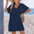 thumbnail image 4 of MLQIDK Women's V Neck Pocket Knit Swim Dress Casual Solid Color Beach Cover Up Bathing Suit Modest Long Sleeve Swimwear 2026 Plus Size Navy S, 4 of 6