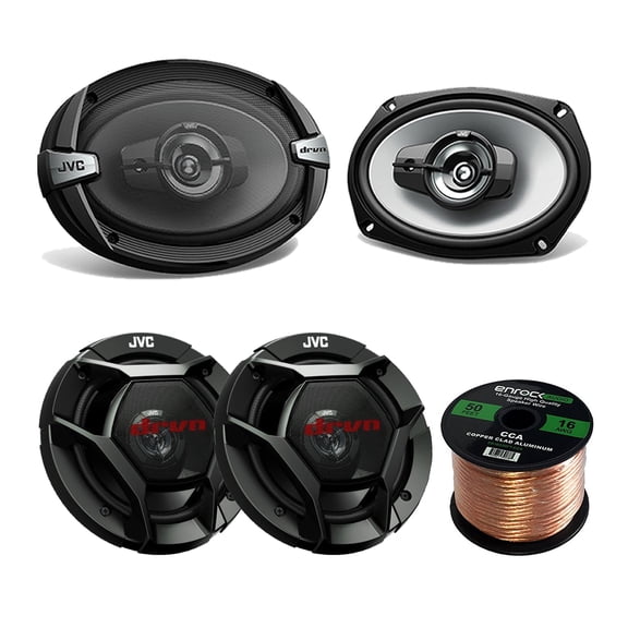 Car Speaker Package Of 2x JVC CS-DR6930 6x9" 500 Watt 3-Way Vehicle Stereo Coaxial Speakers Bundle Combo With 2x CS-DR620 6.5" 300W 2-Way Audio Speakers   Enrock 50 Foot 16 Gauge Speaker Wire