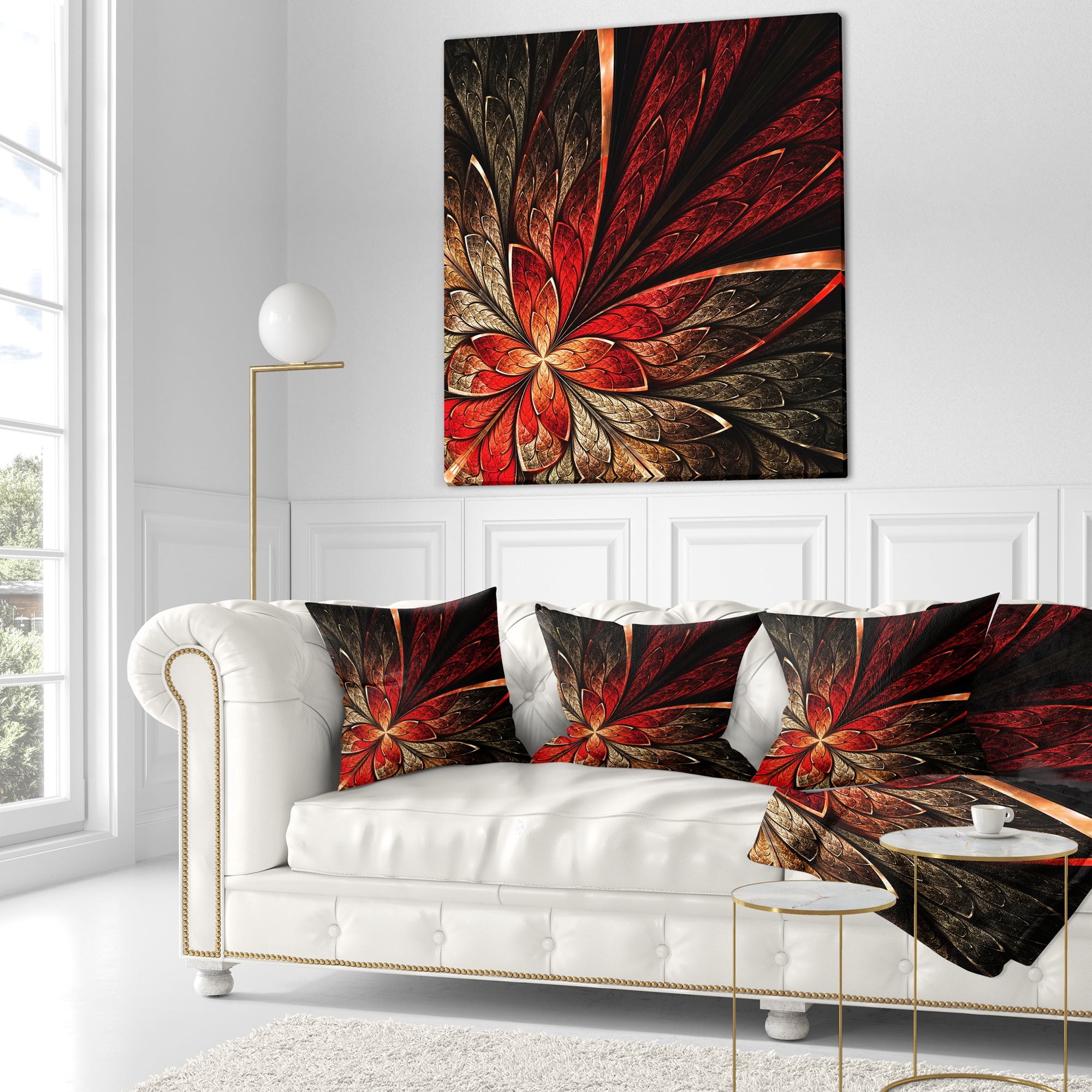 Designart Fractal Flower in Yellow and Red - Floral Throw Pillow - 16x16