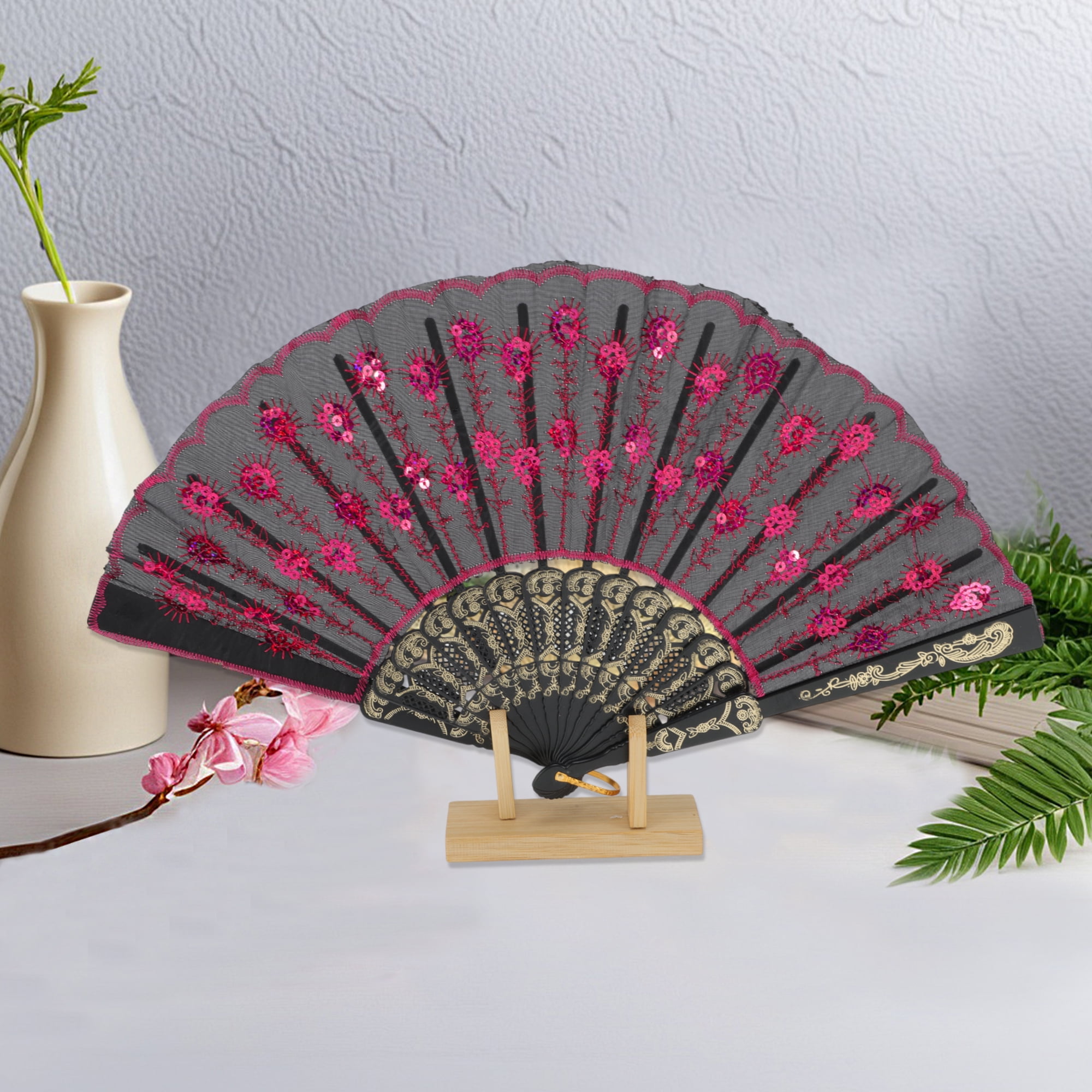 Unique Bargains Beautiful Sequins Folding Fan 1 Pc Rose Red