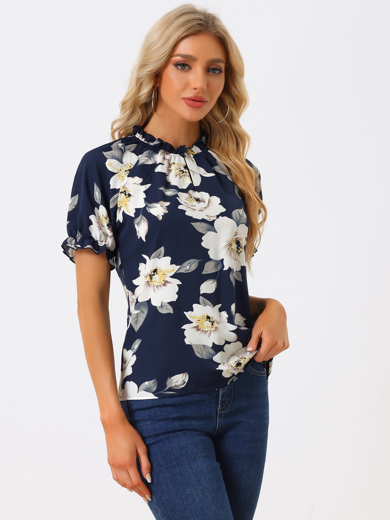 DARING DIVA Women's Floral Ruffled Neck Short Sleeves Top Blouse S Dark Blue