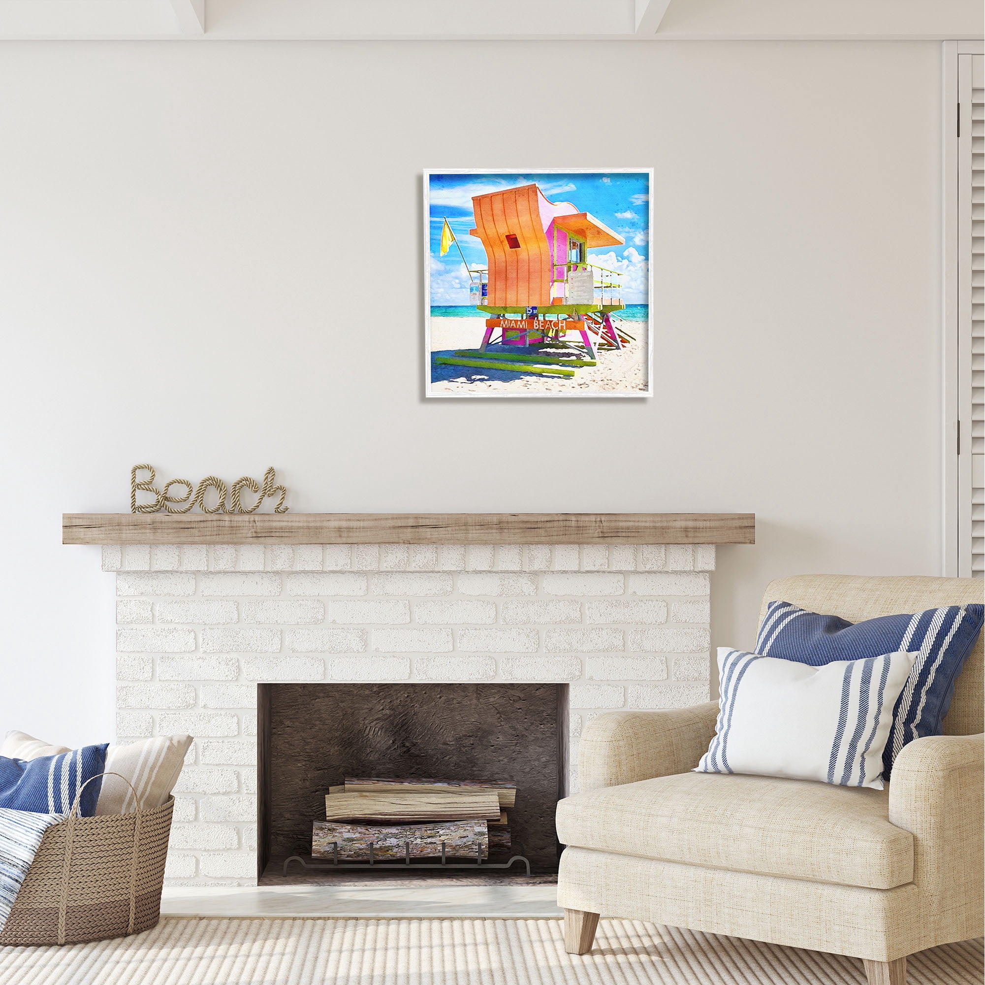 Stupell Industries Miami Beach Orange Hut Nature Painting White Framed Art Print Wall Art, 24 x 24