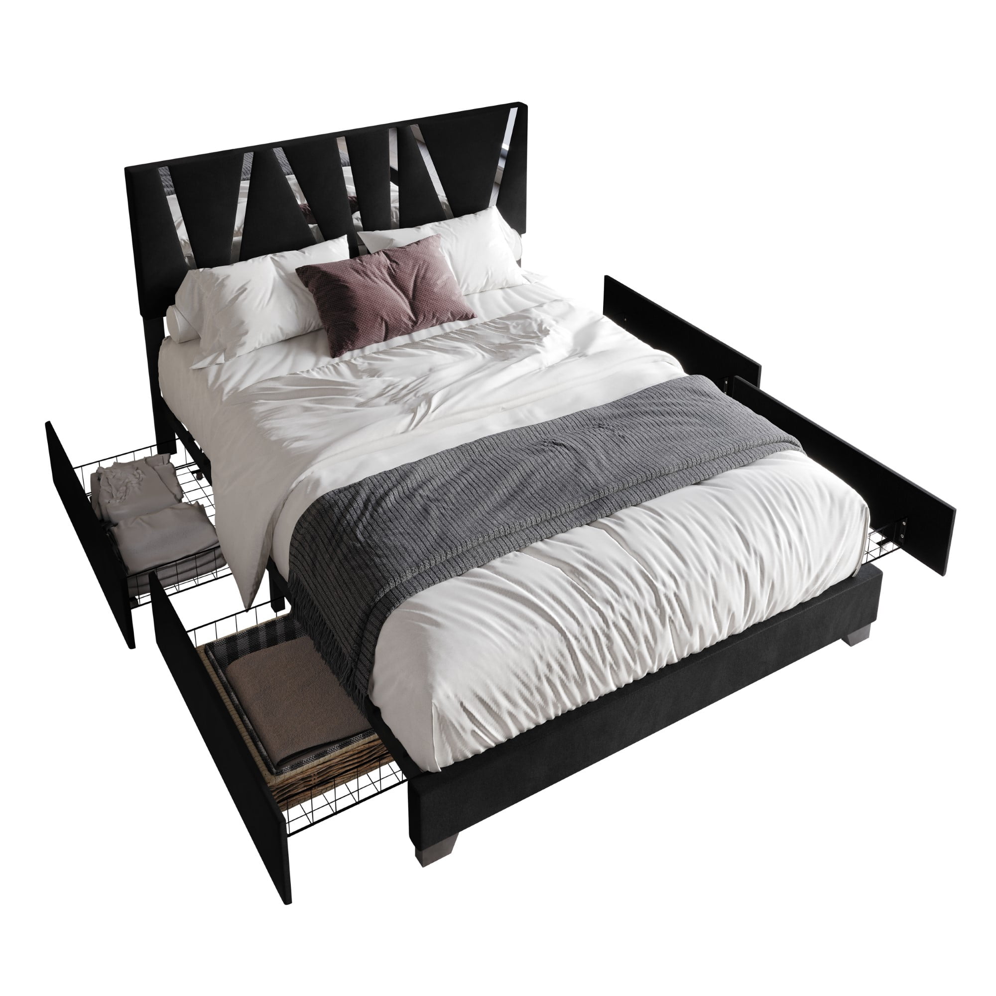 Home Design Hanover Full Upholstered Storage Platform Bed Frame with Silver Acrylic Strip Headboard and Four Under-Drawers, Black, Easy Assembly
