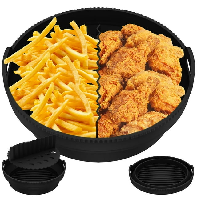 EIMELI Pot en Silicone pour Friteuse à Air Chaud avec Séparateur Panier en Silicone Multi-Usage pour Friteuse à Air avec Poignée Plateau en Silicone Pliable pour Friteuse à Air Poêle en Silicone Réutilisable Ronde pour Friteuse à Air