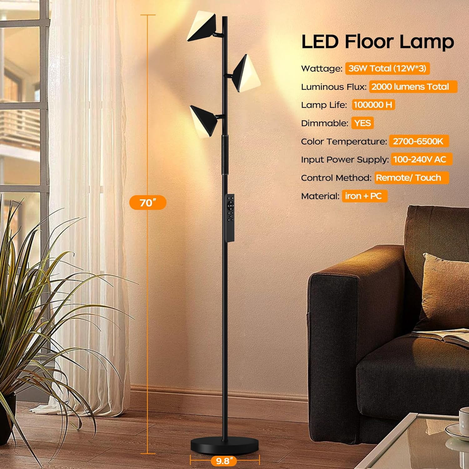 36W LED Tree Floor Lamp Modern Dimmable Lamp with Remote & Touch Control 4 Color Temperatures Rotatable LED Lights Light