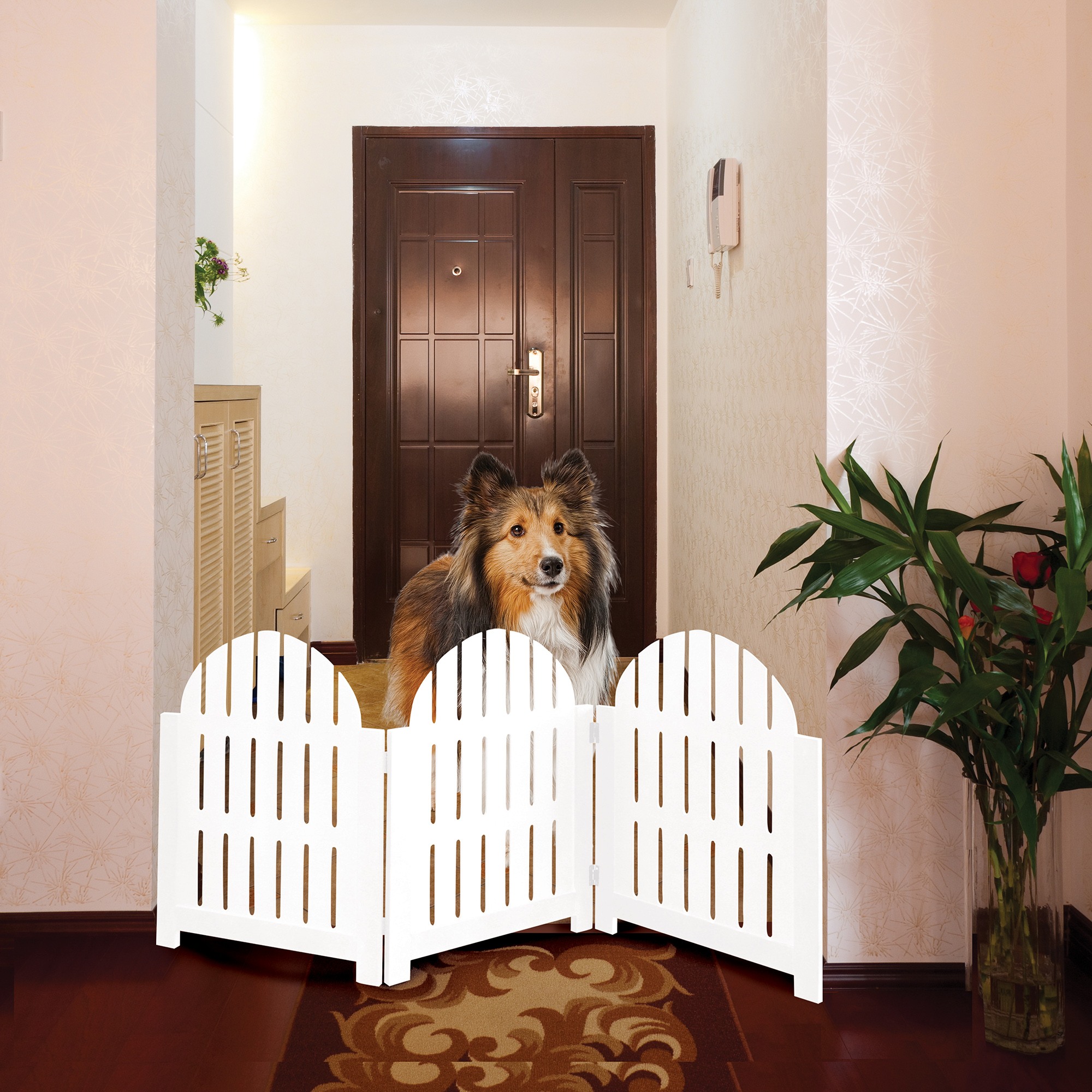 Etna Products White Adirondack Style Free Standing Pet Gate. 3 Panel Foldable Gate for Doorways, Stairs. Indoor/Outdoor 20.5" H x 48" W.