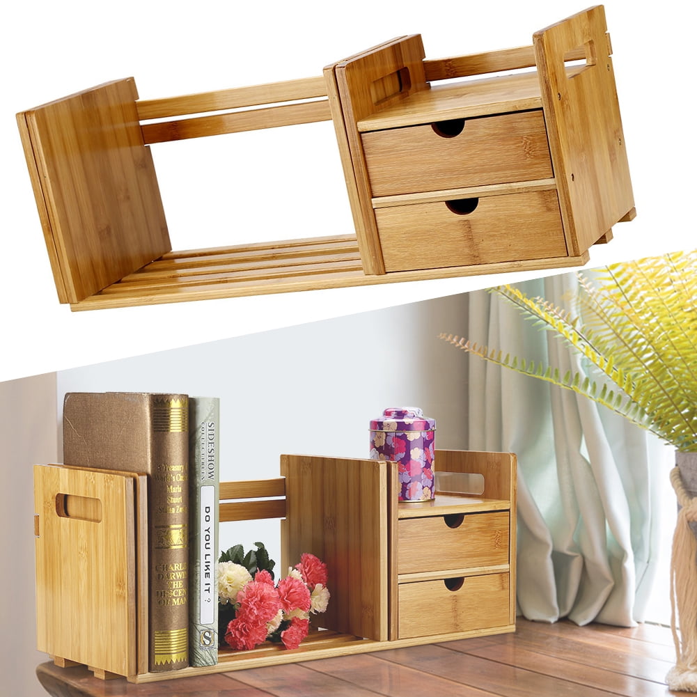 Sonew Desktop Book Rack Bamboo Wood Extendable Desk Tabletop Bookshelves Bookcase Organizer With 2 Drawer
