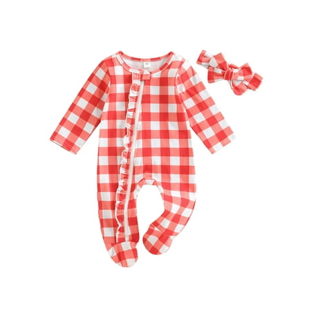 

Bmnmsl Baby Christmas Footed Romper Long Sleeve Ruffled Zipper Jumpsuit Headband