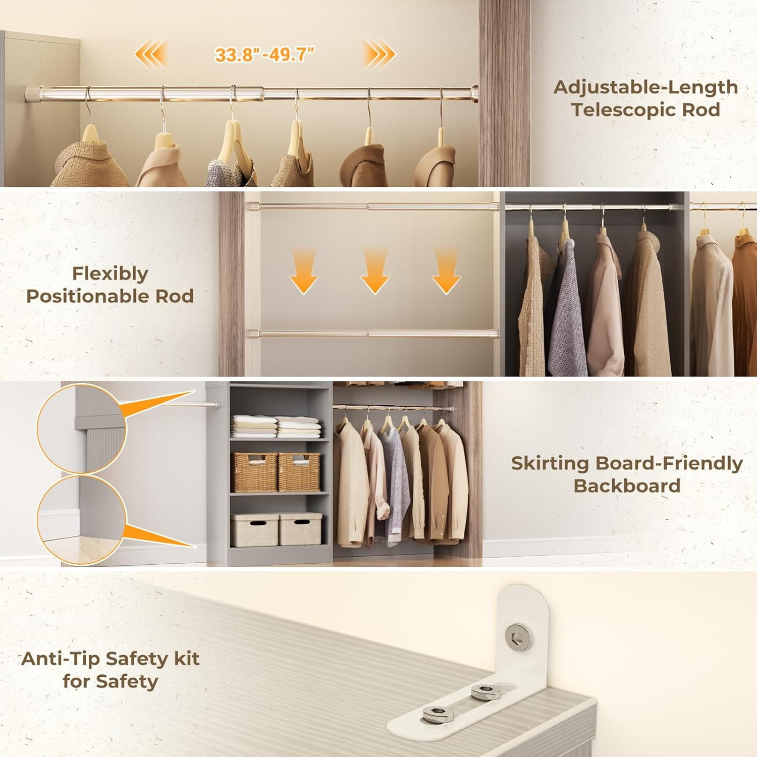 Homieasy 20.5 - 120'' W Closet System with Hanging Rods(Cut to Fit), Gray