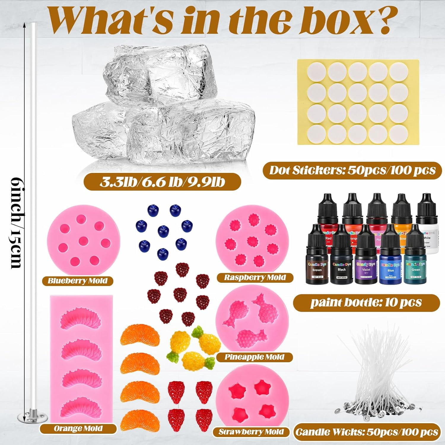 3.3 lb Gel Wax for Candle Making Kit with 5 Fruit Silicone Molds Wick Stickers and Liquid Dye DIY Clear Jelly Make Candles Supplies Party
