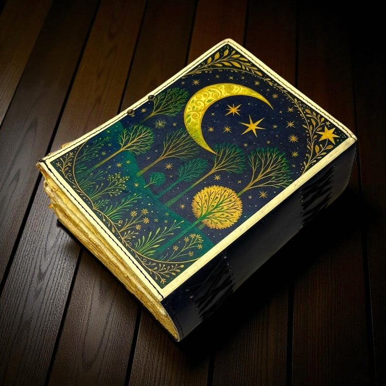Leather Moon Tree Witchcraft Journal – Handmade 5x7 Inch Grimoire, 200 Deckle Pages, Wiccan Pagan Spellbook, Witchy Notebook