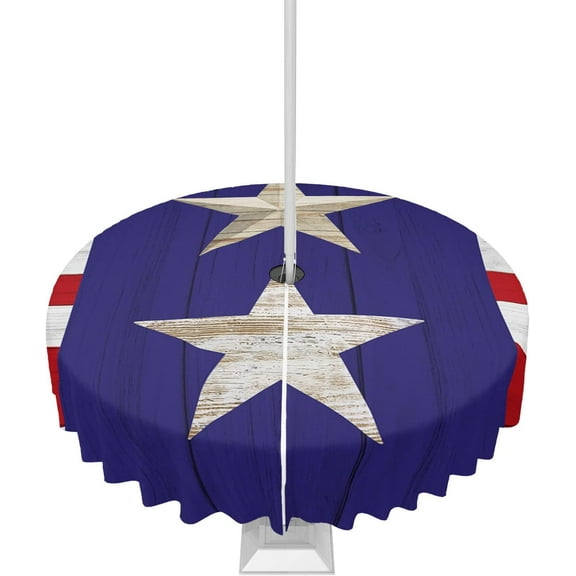 4th of July Tablecloth with Umbrella Hole and Zipper Patriotic Stars Round Outdoor Tablecloths 60 Inch Table Cloths Red White Blue Stripes Wood Patio Table Cloth Cover for Independence Day Garden