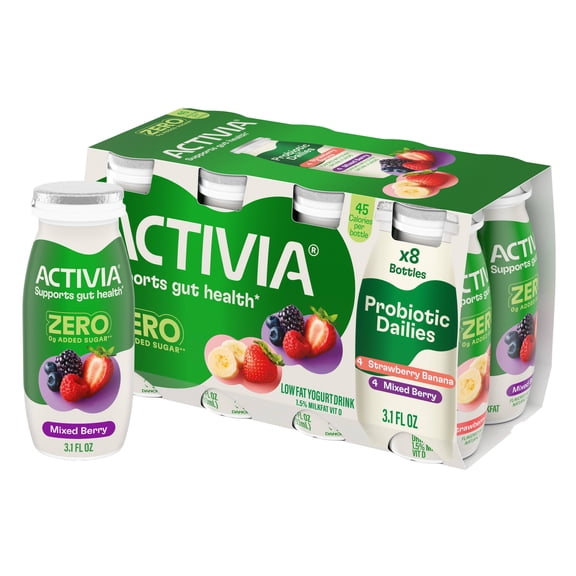 Activia ZERO 0g Added Sugar Strawberry Banana and Mixed Berry Probiotic Dailies Low Fat Yogurt Drinks, Helps Support Gut Health, 3.1 fl oz, 8 Count