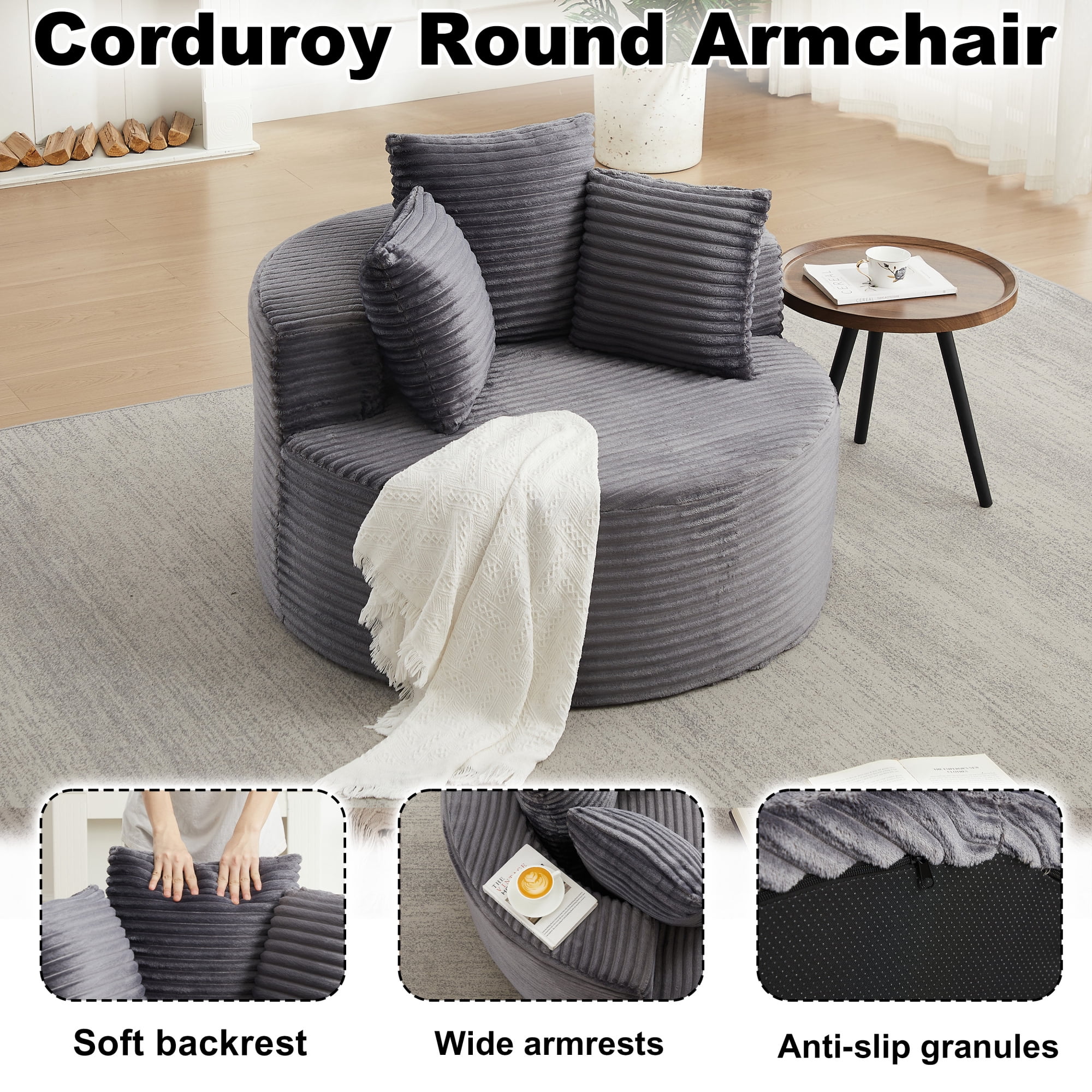 Leumius Corduroy Lounge Chair,Deep Seat Single Sofa with Pillow, Round Chaise Longue Chair for Living Room,No Assembly Required,Gray
