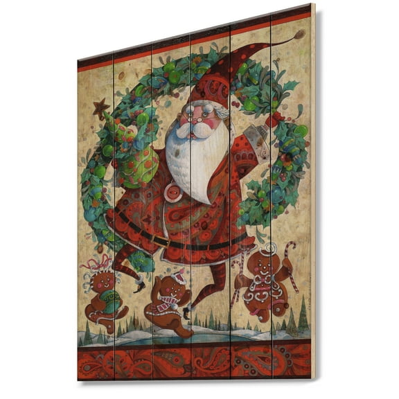 Designart 'Frolic Santa with Gingerbread Men and Wreathe' Print on Natural Pine Wood