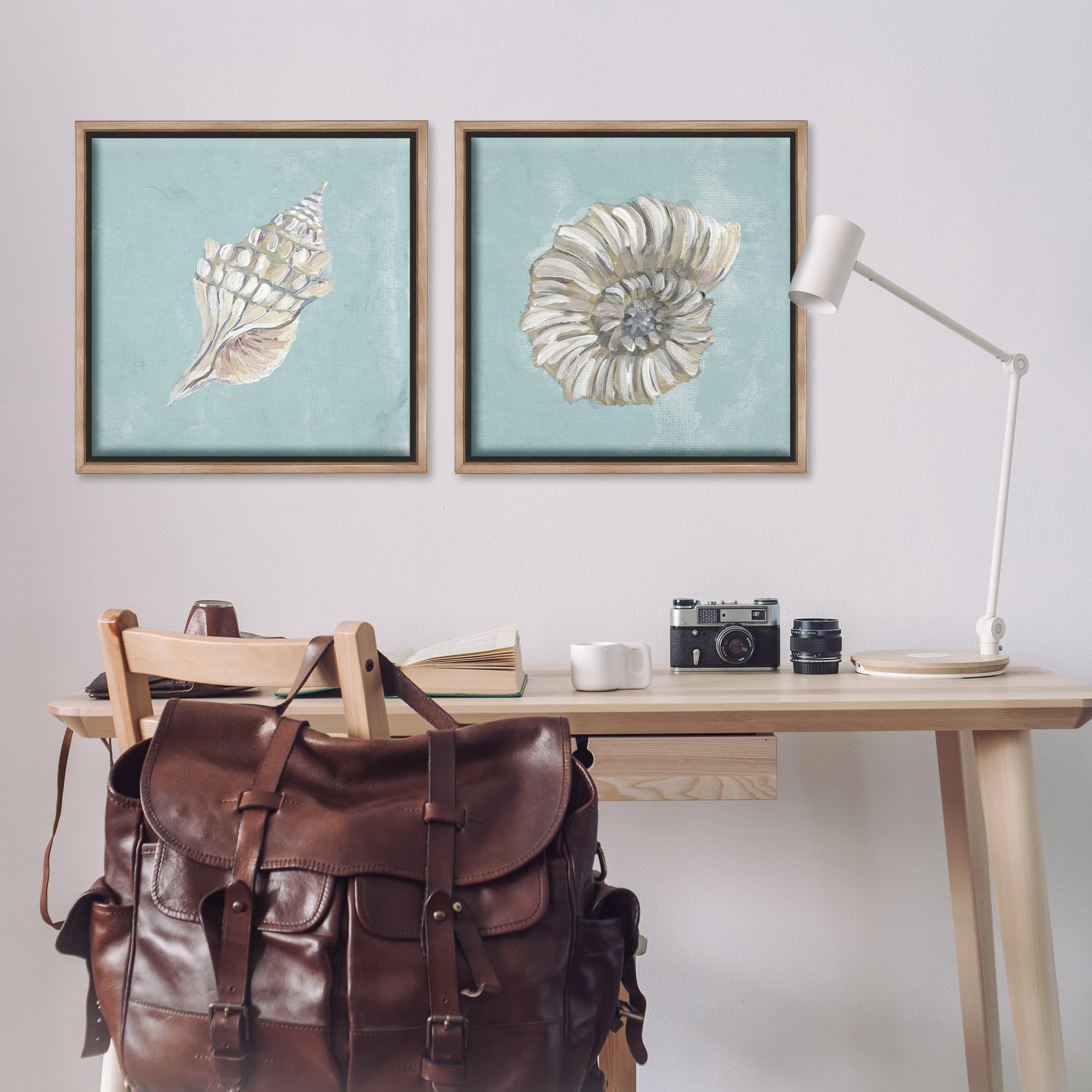 Stupell Industries Nautilus and Conch Seashells Nautical & Beach Painting Brown Floater Framed Canvas Art Print Wall Art, 25 x 25, Set of 2