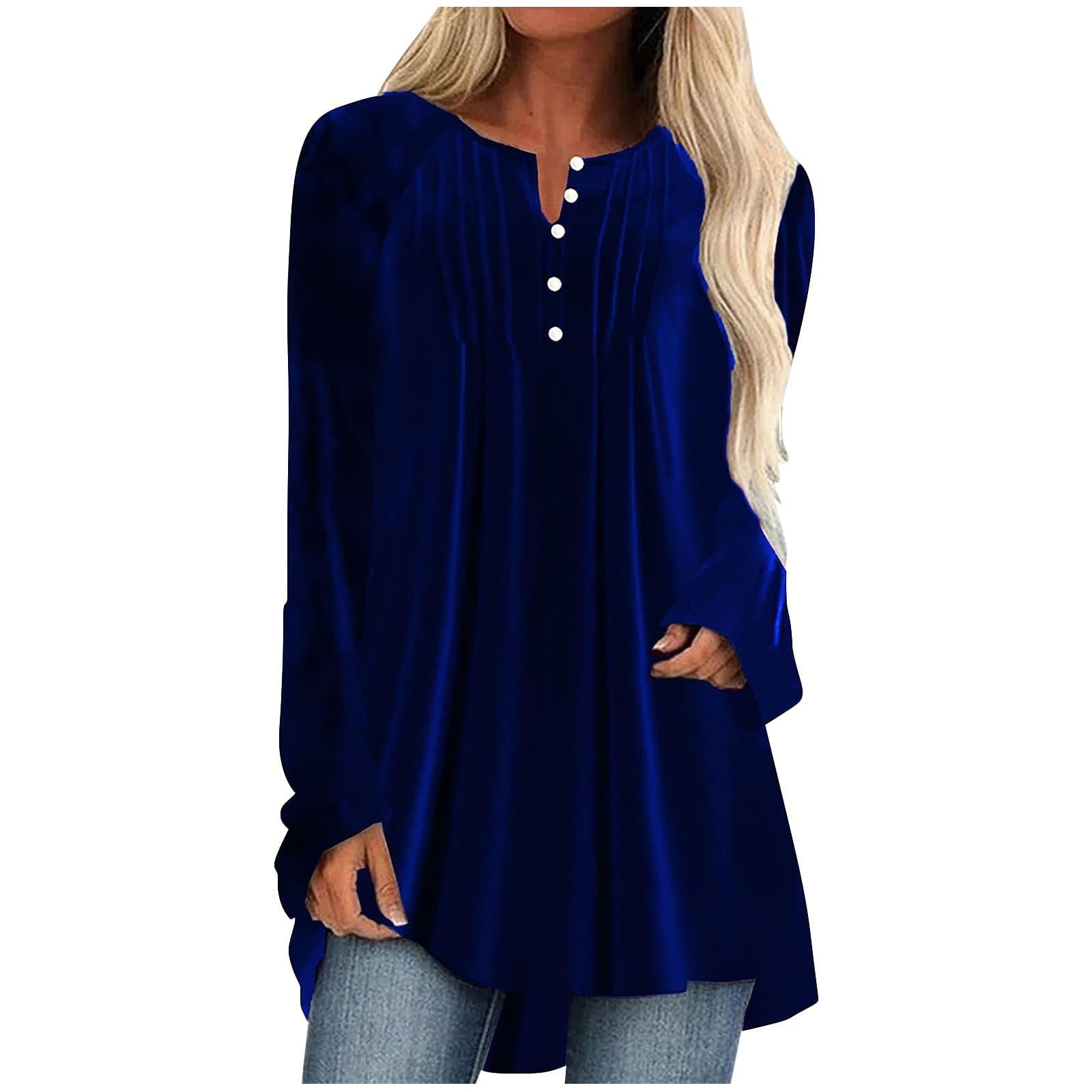 ylioge Velvet-Shirts for Women Plus Size S-5X Long Sleeve Tunic Tops Womens Trendy Solid Color Pullover Button Crewneck Pleated Raglan Blouses Top