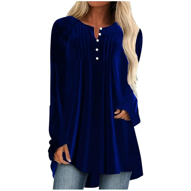 Timegard Plus Size Tops for Women Long Sleeve Notched V Neck Button Ruched Dressy Casual Tunic Top
