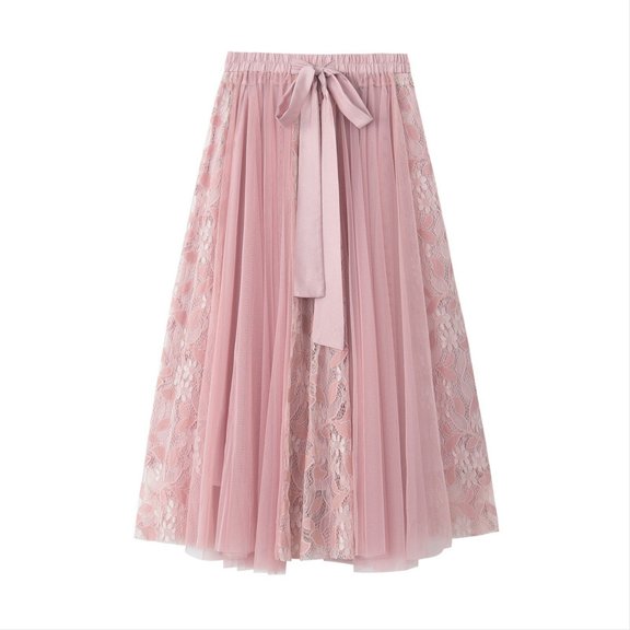 Aofany Women Tulle Skirt Elastic High Waist Layered Mesh Floral Print Fairy Skirt Knot Party Prom A-Line Flowy Maxi Skirt