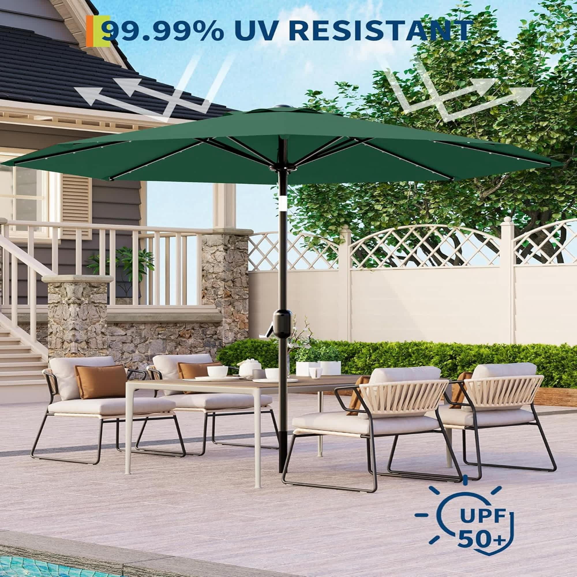 EastVita 10Ft Patio Umbrella with Solar Lights Outdoor Table Umbrella with 40 LED Lights and Tilt Crank Polyester Fabric Dark Green