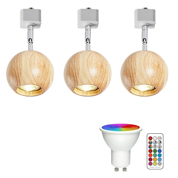 FSLiving H Type Gimbaled Track Light Heads, Globe Accent Light Remote Control, Color Changing RGB Tunable Wood GU10 Timer Bulb Mini Light H Track Mounted for Living Room Shopwindow, Wood