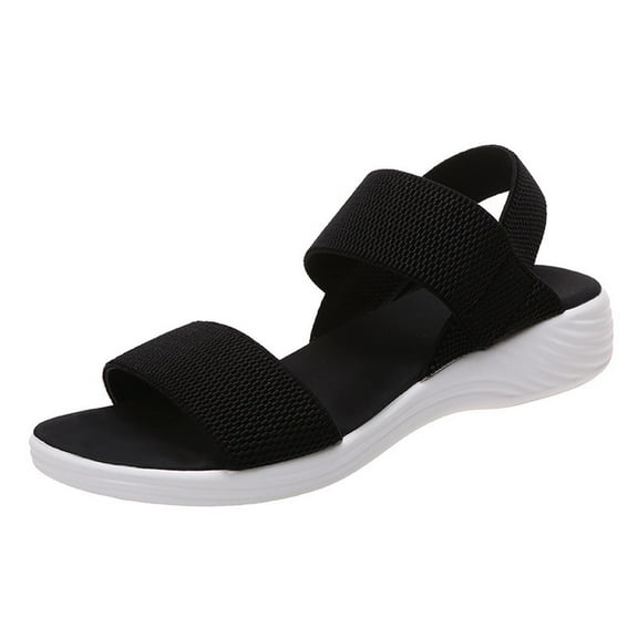 Anuirheih Women’s Flat Sandals Open Toe Elastic Ankle Strap Slip on Comfy Low Wedge Sandals(Black)