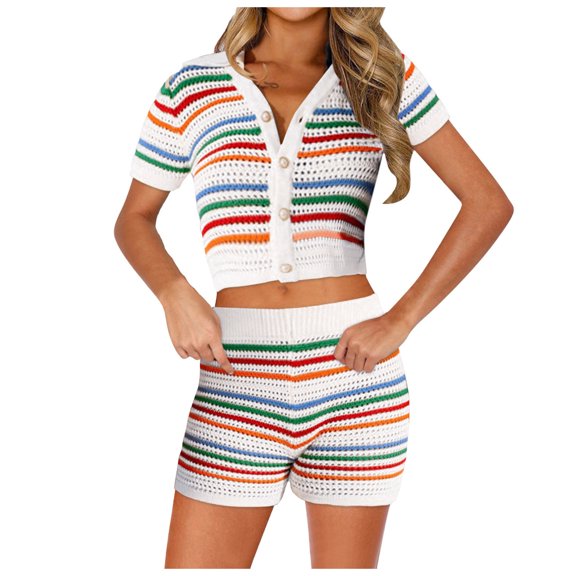 JFOPQVSM Crochet Sets Two Piece Women Summer Causal Knit Short Sleeve Button Down Shirt and Shorts Matching Set Jumpsuit