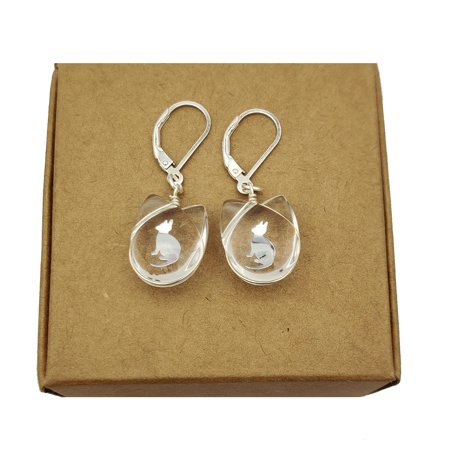 Cairui Design Cat Pussy Animal Glass 925 Sterling Silver French Earrings Handmade Women