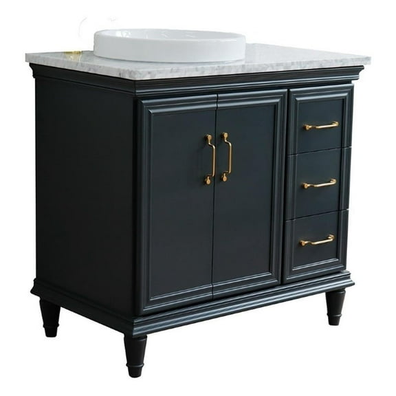 37 in. Single Wooden Vanity  Dark Gray White Carrara Round Left Door.Left Sink