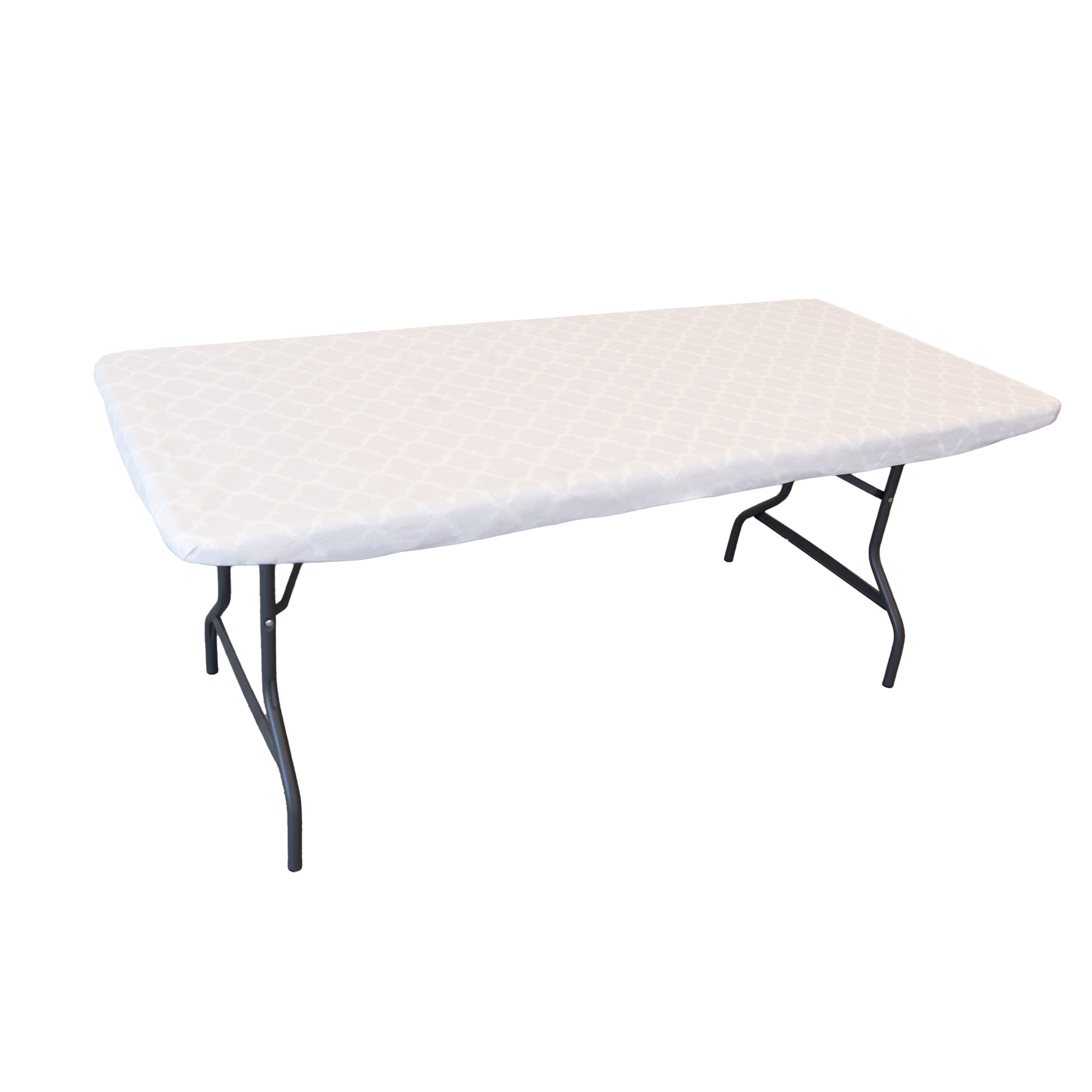 Waverly Inspirations Rectangular Elastic Fitted Table Cover Waterproof Vinyl Tablecloth With Flannel Backing, 6Ft Table, 72" x 30", Ogee Cural Pearl, 4 PK