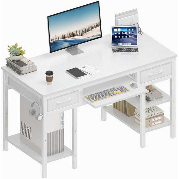 White Desk with Keyboard Tray Slide Out, 47 Inch Home Office Computer Desks with Fabric Drawers & Storage Shelves, Modern Simple Study Writing Table PC Desks for Bedroom, White