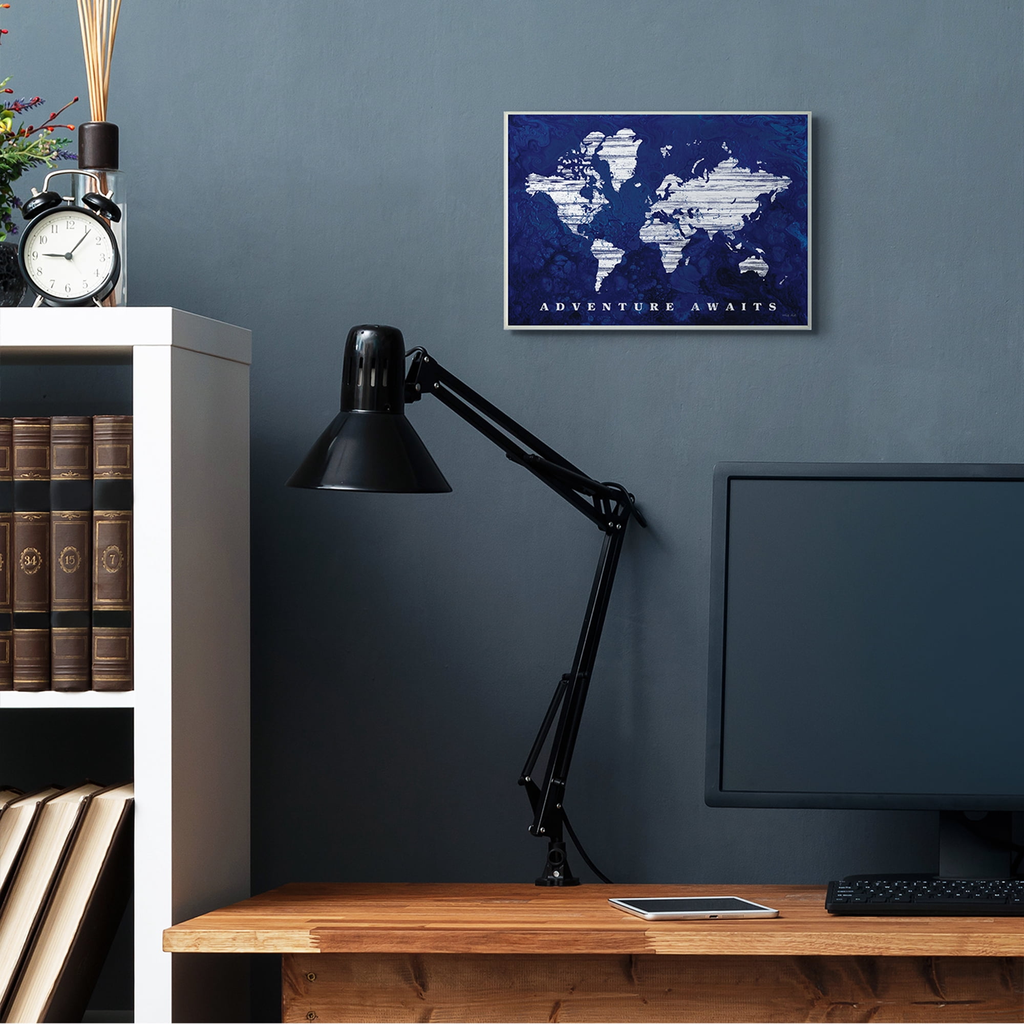 Stupell Industries Adventure Awaits Sentiments Navy Blue World Map,10 x 15,Designed by Cindy Jacobs