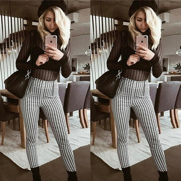 2017 Black White Zip up Plaid Sexy Pants Sweatpants Women Side