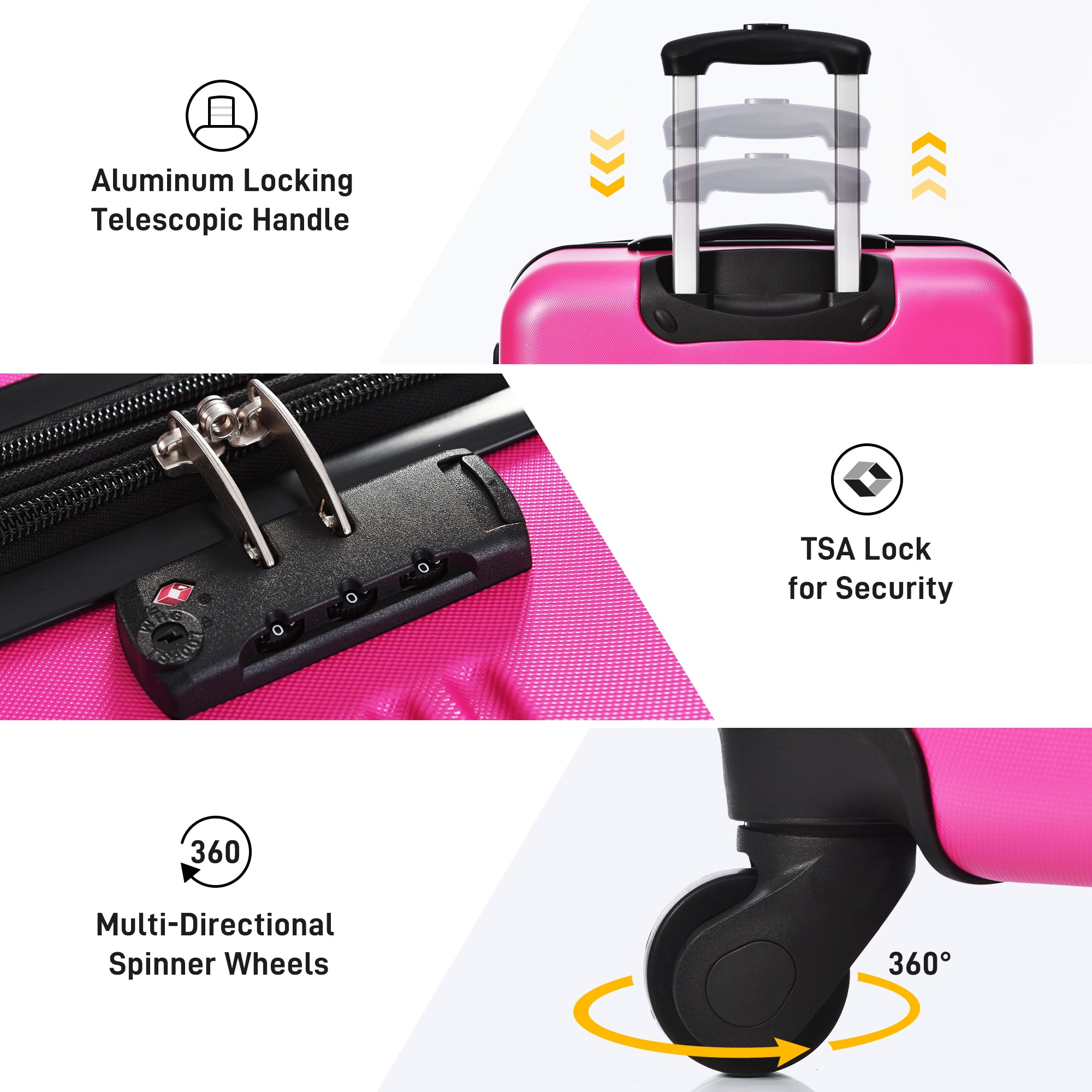 Euroco 3 Piece Luggage Sets with Spinner Wheels, ABS Expandable Hardshell Lightweight Suitcase Set with TSA Lock, Carry On Travel Luggage,Checked Large Suitcase(20"/24"/28"),Pink