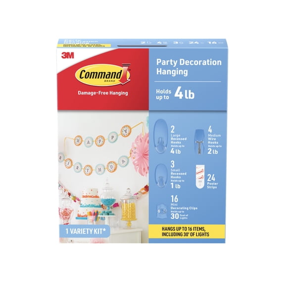 Command Clear Hooks Party Decoration Variety Kit, Holds up to 4 lb., Hangs up to 16 Items and 30 ft. of Lights