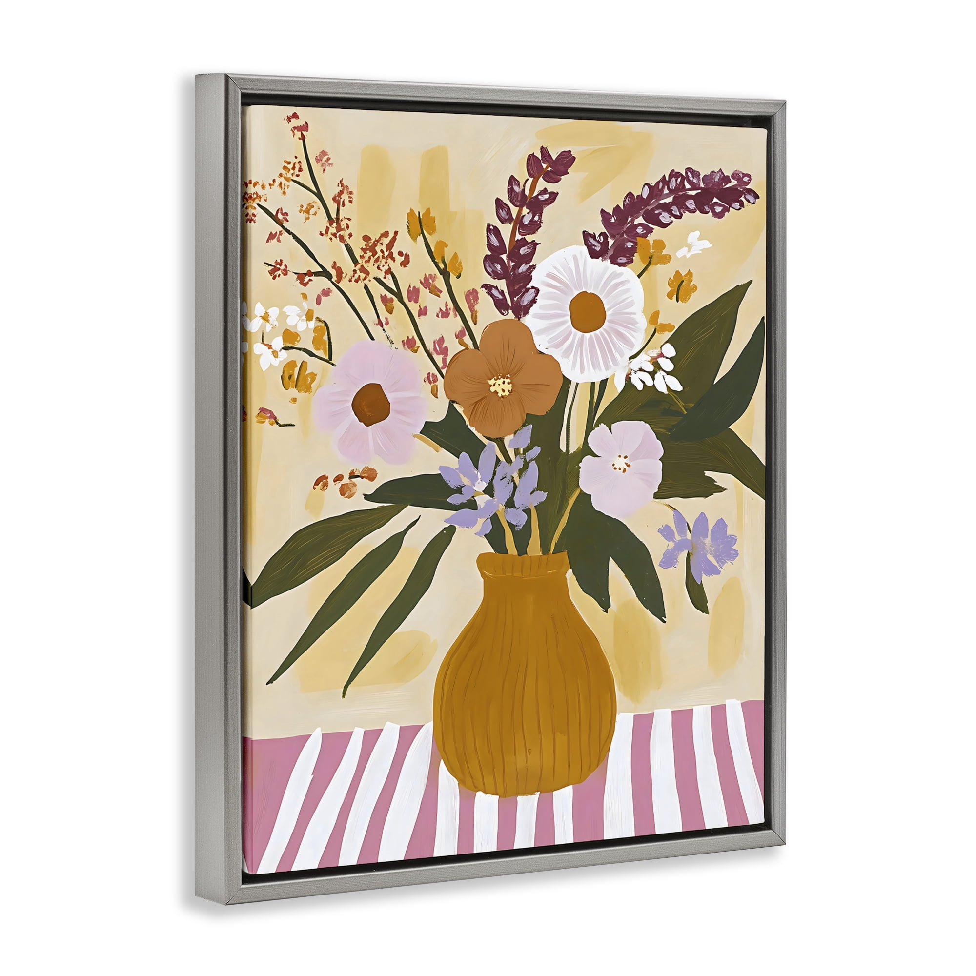 Stupell Industries Boho Flowers on Pink Stripes Gray Framed Floater Canvas Wall Art, design by Creative Studio