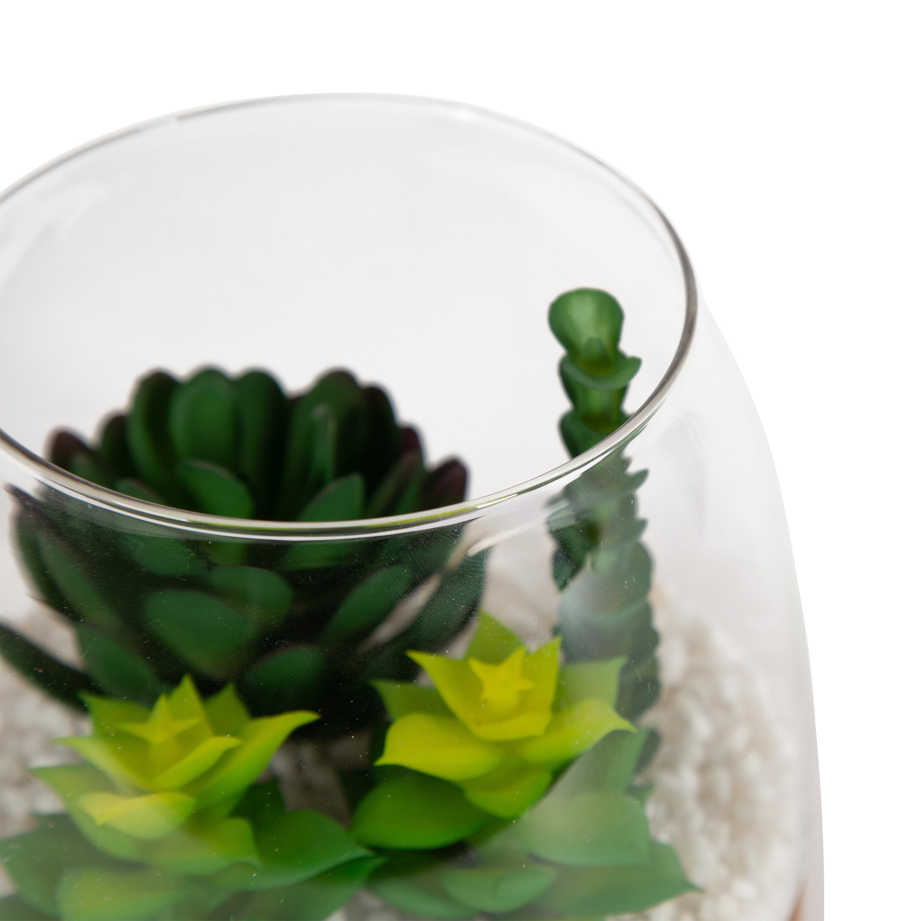 Mainstays 5" Tabletop Faux Succulent Glass Terrarium on Circle Wood Base