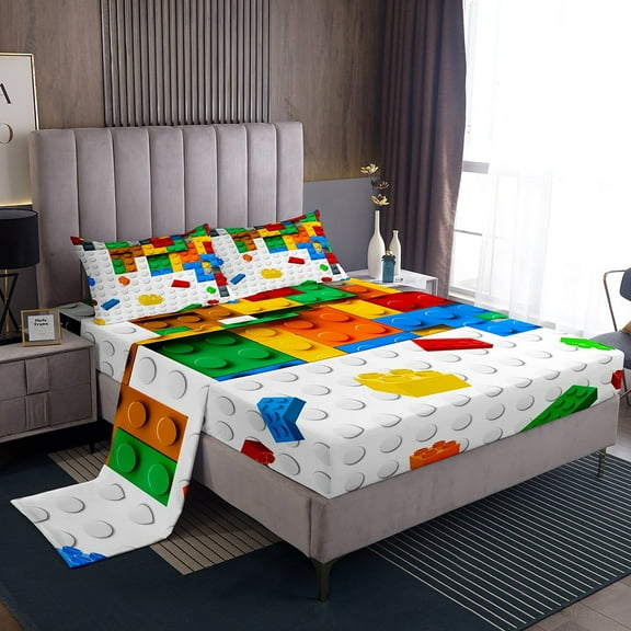 Erosebridal Building Blocks Twin Sheet Sets, Rectangle Geometry Bedding Twin Size, Cartoon Decor