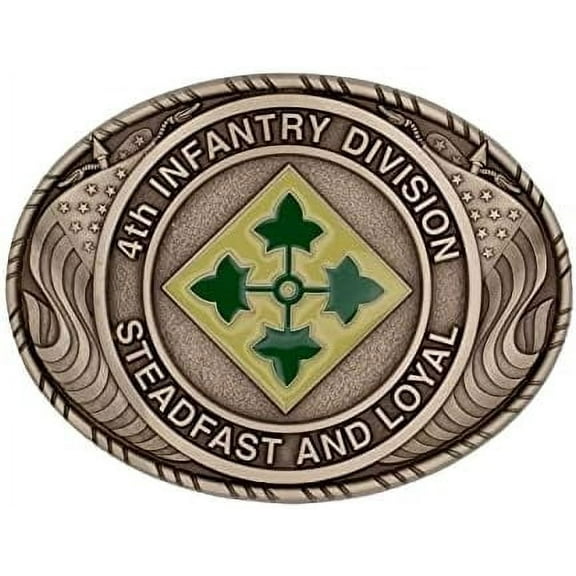 Indiana Metal Craft US Army 4th Infantry Division Double USA Flag Solid Brass Belt Buckle, Made in USA