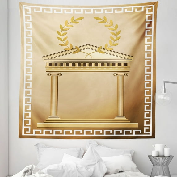 Retro Tapestry, Antique Building Roman Olive Branch and Greek Architecture Motif, Fabric Wall Hanging Decor for Bedroom Living Room Dorm, 5 Sizes, Pale Brown and Coffee, by Ambesonne