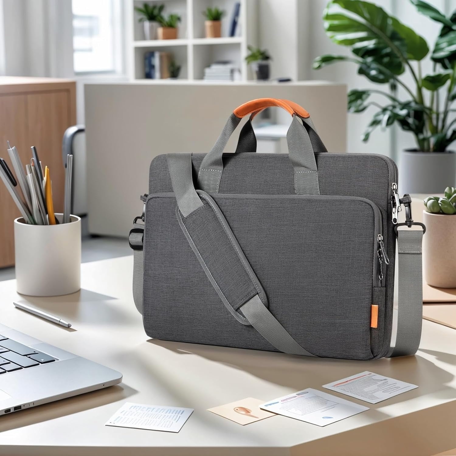 Mirlewaiy 15.6 inch Laptop Computer PC Shoulder Bag Carrying Case, Water-Repellent Fabric Briefcase, Lightweight Toploader, Business Casual or School-Grey