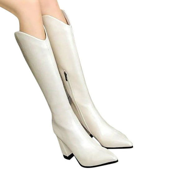 Lovskoo 2024 Women's Cowboy Boots Horse Riding Middle Mid Calf Boots Pointed Toe Thick Heels Dressy Casual Slim Long Boots Knight Boots White