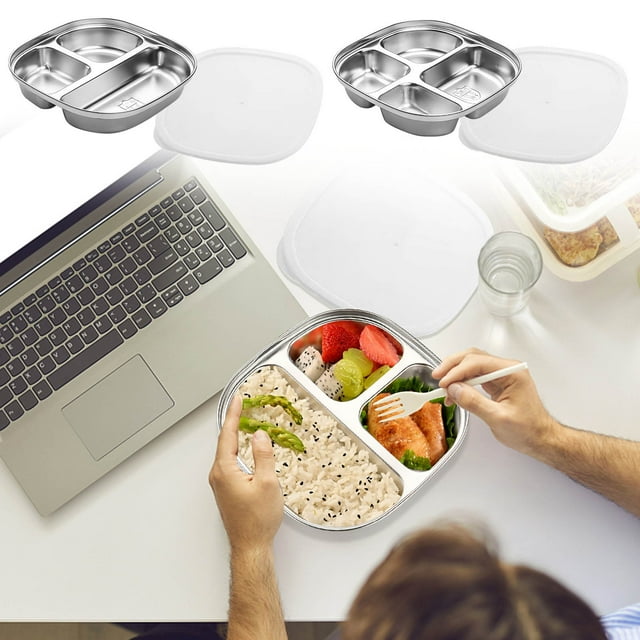 SSZMDLB à Moins de 5 $ 2 Pcs Assiette de Dîner en Acier Inoxydable, Assiette en Acier Inoxydable, Plateau-Repas Compartimenté pour Enfants, Assiette à 4 Sections pour Repas Équilibrés, Assiette Durable Incassable pour l'École, Pique-Nique