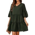 thumbnail image 1 of Vestido con volantes Cuello en V Color puro Costuras de moda Elegante Ajuste casual Vestido corto con volantes para citas Verde oscuro L, 1 of 8