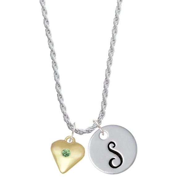 Delight Jewelry Goldtone Large August - Lime Green Crystal Heart Silvertone Script Initial Disc - S - Charm Necklace, 20"+3"