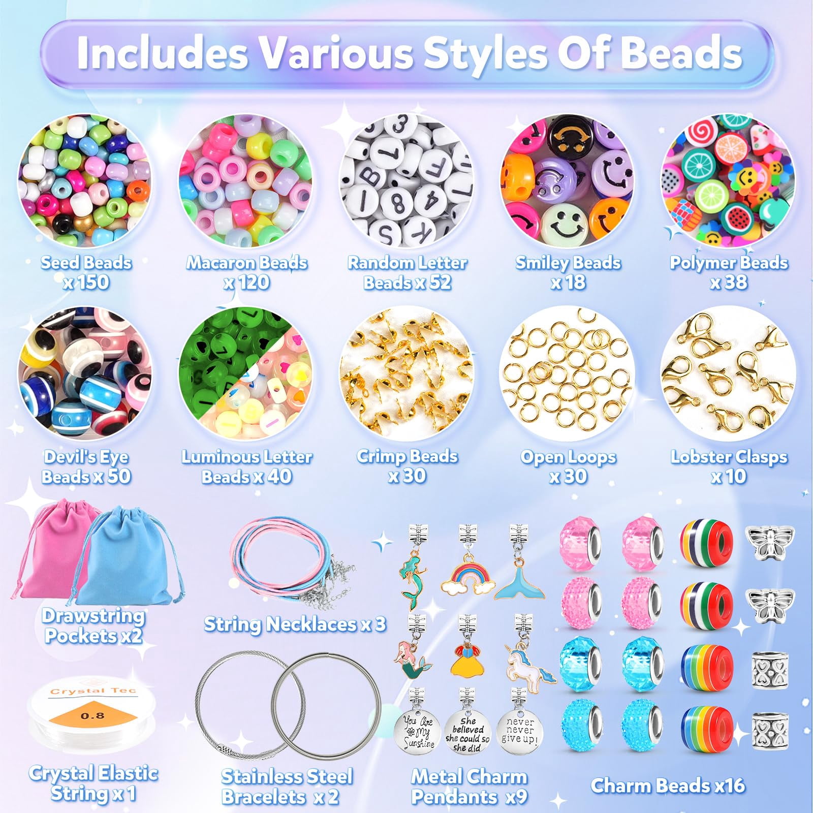 Blue Beaded Jewelry Making Kit for DIY Bracelets Necklaces and Crafts
