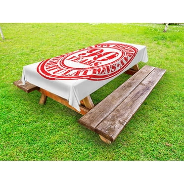 90th Birthday Outdoor Tablecloth, Aged Dated Red Colored Stamp with Ninety Years Grunge Look Congratulation, Decorative Washable Fabric Picnic Tablecloth, 58 X 120 Inches, Red White, by Ambesonne
