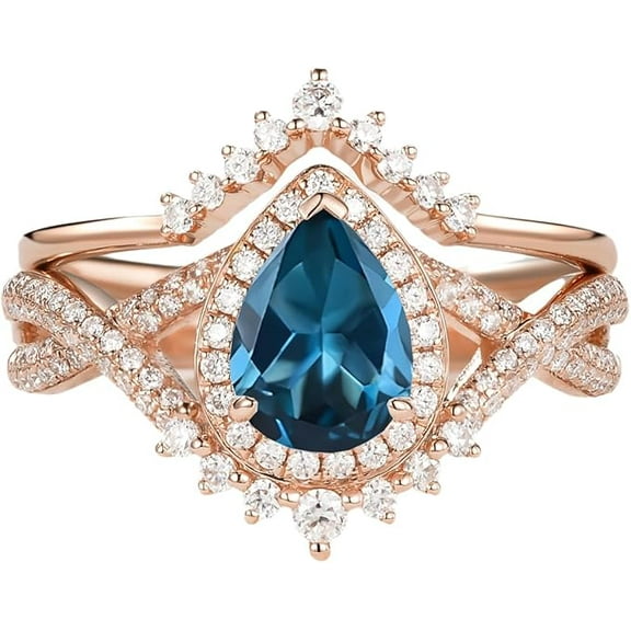 beryl_creation 2.00 Ct Pear Cut Blue Topaz Wedding Engagement Bridal Ring Set 14K Rose Gold Plated 925 Sterling Silver For Women's -4